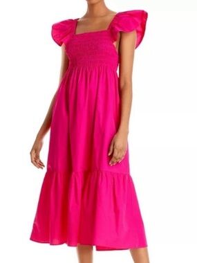 Aqua Bloomingdale’s Hot Pink Smocked Ruffle Midi Sundress